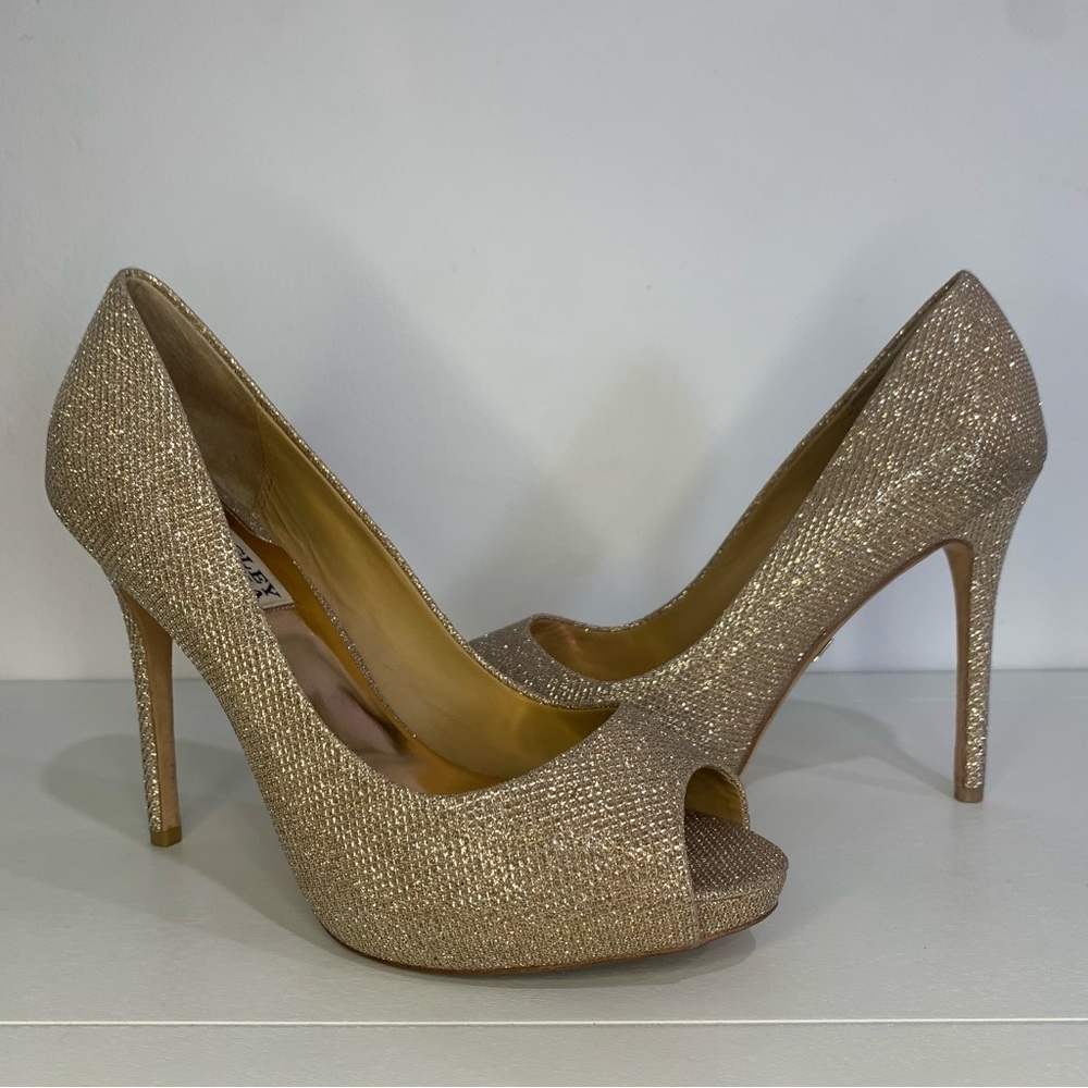 Badgley Mischka Champagne Glitter Peep-Toe Stilettos